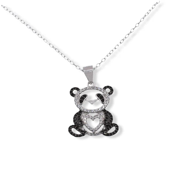 Beautiful Necklace for Evening Party-Rhodium Plated 925 Sterling Silver Panda Heart Black and Clear CZ Pendant Necklace