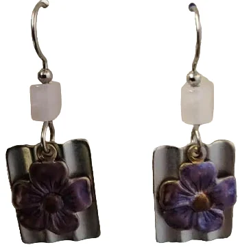 Handmade Earrings for Weddings-Silver Forest Purple Flower Wavy Rectangle Earrings