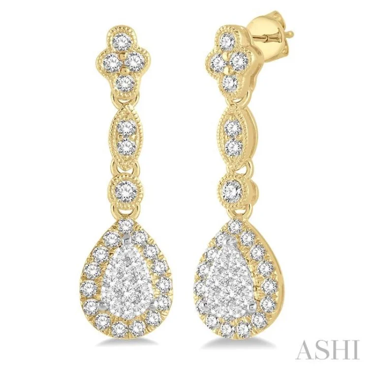 Sparkling Earrings for Special Occasions-5/8 ctw Pear Shape Halo Lovebright Round Cut Diamond Earrings in 14K Yellow and White Gold