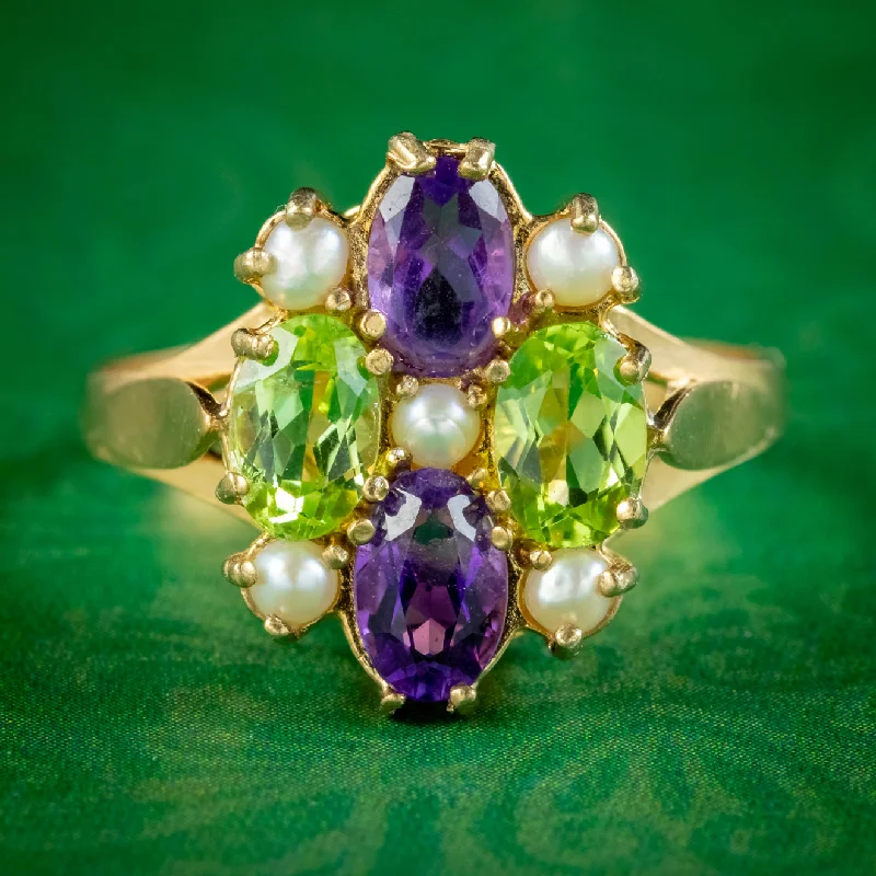 Vintage Ring with Sapphire-Edwardian Suffragette Style Cluster Ring Peridot Amethyst Pearl