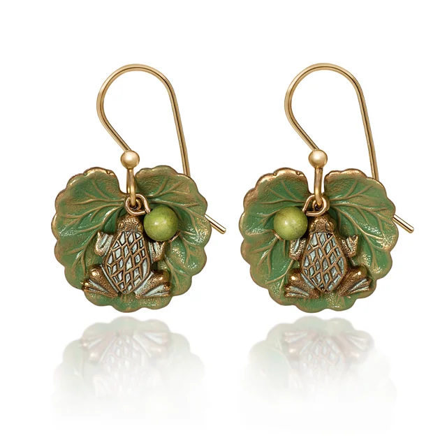 Minimalist Earrings for Every Day-Silver Forest Earrings Green Frog on Leaf with Bead Gold Drop