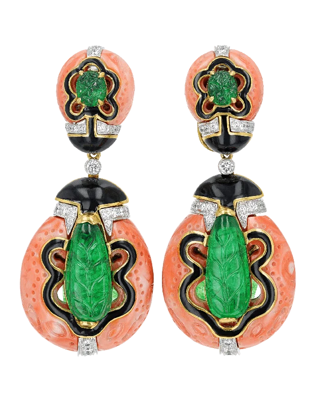 Statement Earrings for Weddings-David Webb Coral, Emerald and Diamond Earrings