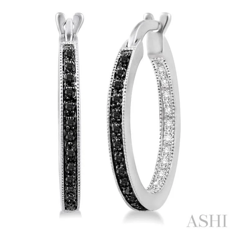 Trendy Earrings for Young Adults-1/3 Ctw White and Black Diamond Hoop Earrings in Sterling Silver