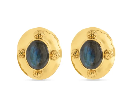 Large Drop Earrings for Fashion-Earrings - Cleopatra Oval Gold/Blue Labradorite Earrings