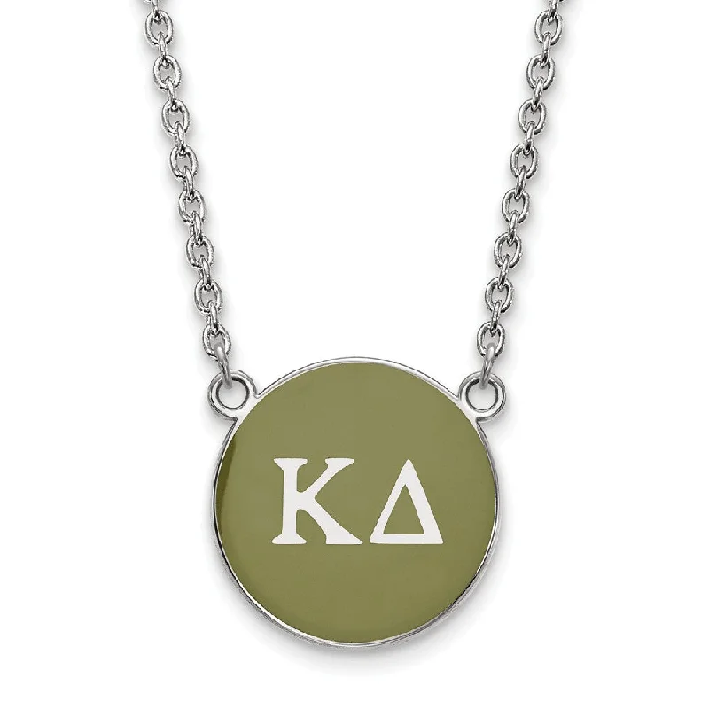 Silver Necklace for Weddings-Sterling Silver Kappa Delta Large Olive Green Enamel Disc Necklace