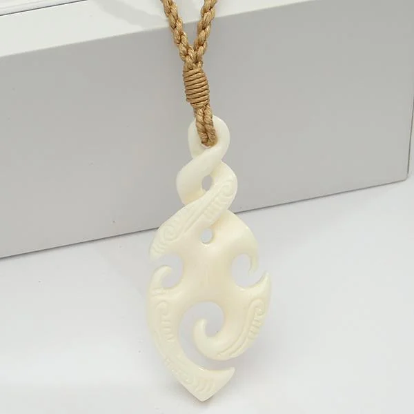 Long Silver Necklace for Women-Buffalo Bone Spiral Twist Pendant Necklace w/Carving 20x47mm