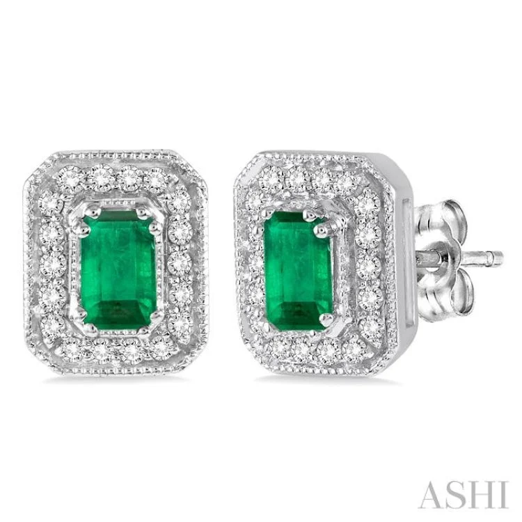 Statement Earrings for Bold Looks-5x3 mm Octagon Cut Emerald and 1/4 Ctw Round Cut Diamond Earrings in 14K White Gold