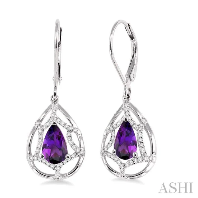 Fun Earrings for Day to Day Wear-8x5mm Pear Shape Amethyst and 1/4 Ctw Round Cut Diamond Earrings in 14K White Gold