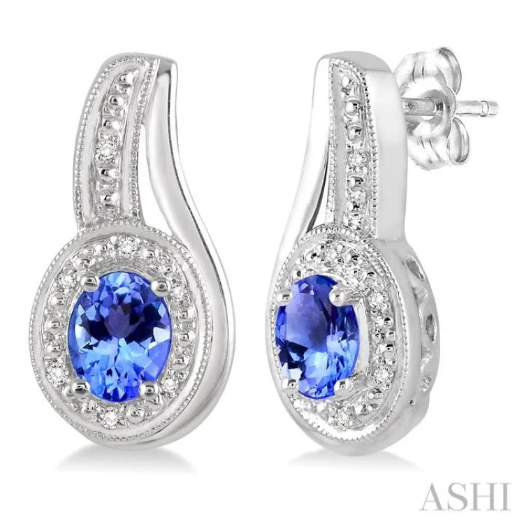 Glamorous Earrings for Night Life-5x3 MM Oval Cut Tanzanite and 1/50 Ctw Round Cut Diamond Earrings in Sterling Silver