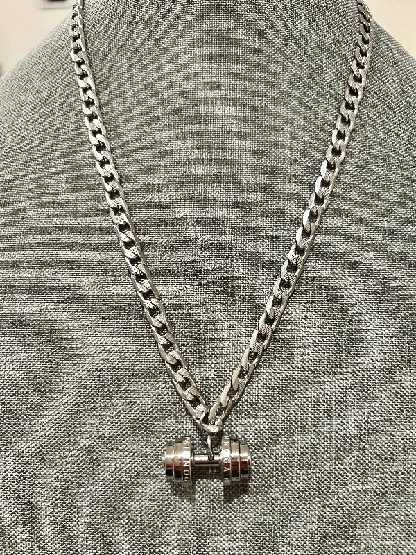 Unique Charm Necklace for Stylish Women-Silver Dumbbell Silver Chain Stainless Steel Necklace