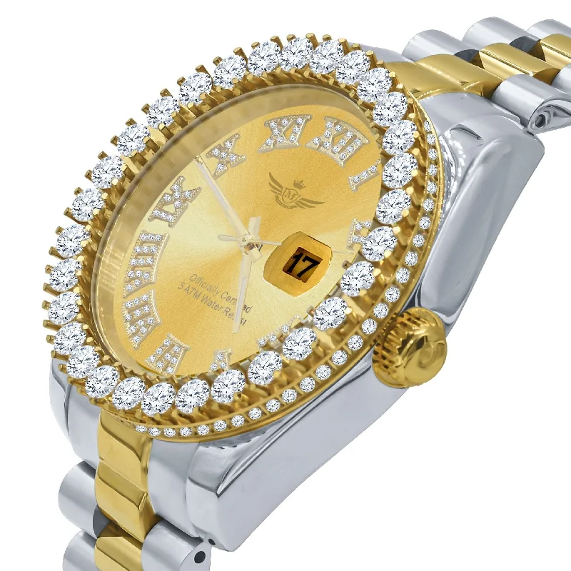 Women's Watch with Swarovski Crystals-Big Bezel CZ Roman Dial Date Hip Hop Watch