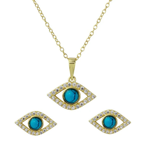 Gold Chain Necklace for Women-Gold Plated 925 Sterling Silver Evil Eye Set with Turquoise Bead and CZ