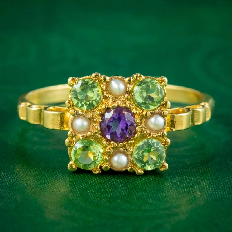 Custom Engagement Ring for Bold Women-Edwardian Style Suffragette Cluster Ring Amethyst Peridot Pearl