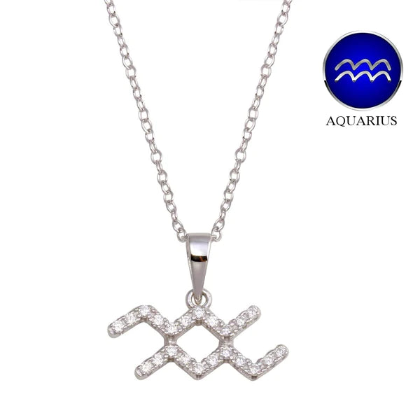 Silver Necklace with Heart Charm-Silver 925 Rhodium Plated Aquarius CZ Zodiac Sign Necklace