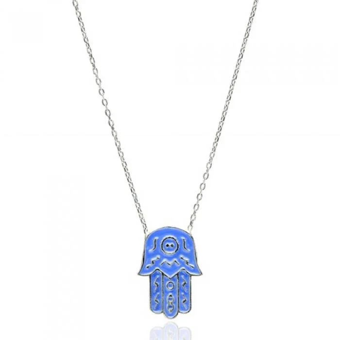 Simple Gold Chain Necklace for Women-Silver & Blue Hamsa boho necklace - Sterling Silver