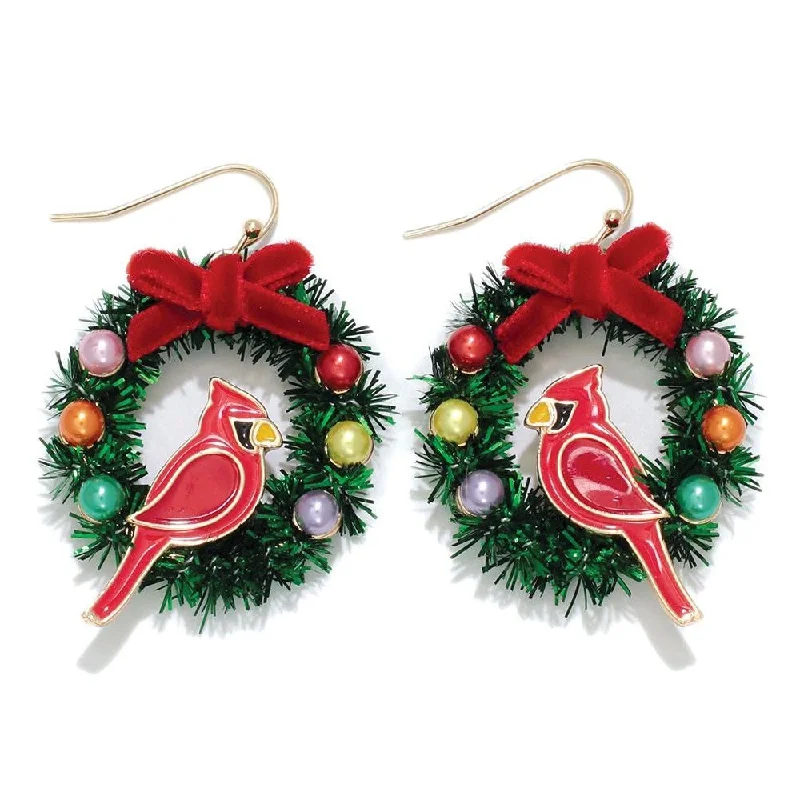 Handcrafted Silver Drop Earrings-Holiday Earrings Wreath with Cardinal