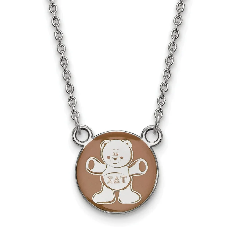 Classic Silver Necklace for Women-Sterling Silver Sigma Delta Tau Small Enamel Bear Disc Necklace