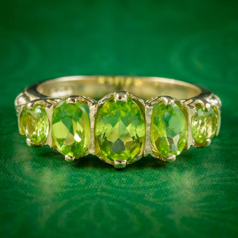 Custom Ring with Personalized Engraving-Victorian Style Peridot Five Stone Ring 9ct Gold 2.5ct Of Peridot