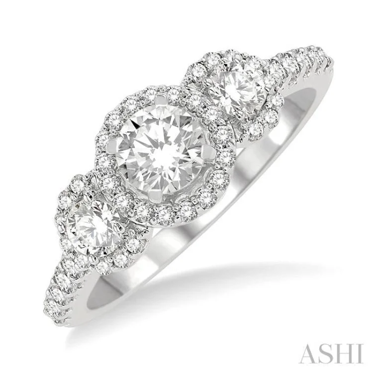 Luxury Diamond Ring for Engagement-1 Ctw Past, Present & Future Diamond Engagement Ring With 3/8 ct Round Cut Center Stone in 14K White Gold