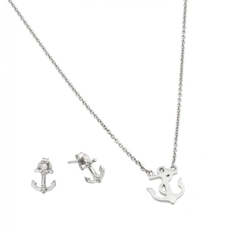 Elegant Chain Necklace for Weddings-Silver 925 Rhodium Plated Anchor Set