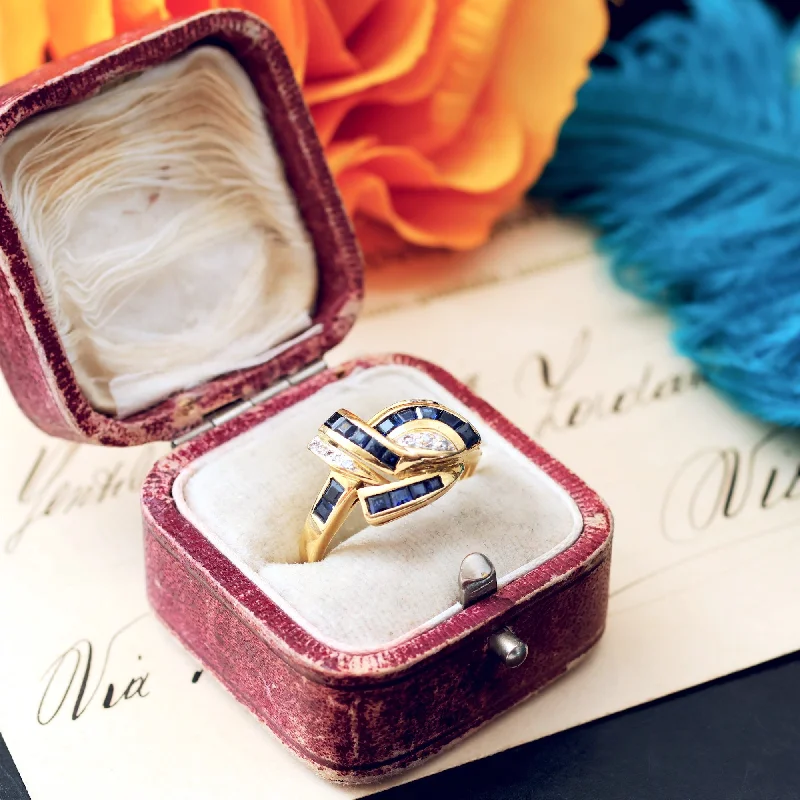 Designer Wedding Band for Women-Glam Vintage 1980's Sapphire & Diamond Cocktail Ring