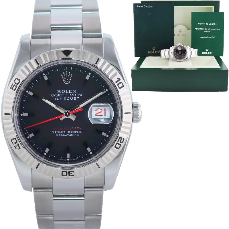 Women's Sports Watches for Active Lifestyles-2008 MINT Rolex DateJust Turn-O-Graph 116264 Steel Black White Gold Fluted Watch