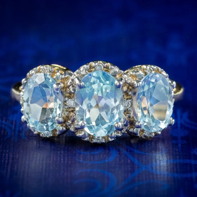 Elegant Silver Engagement Ring-Victorian Style Blue Topaz Diamond Trilogy Gold Ring