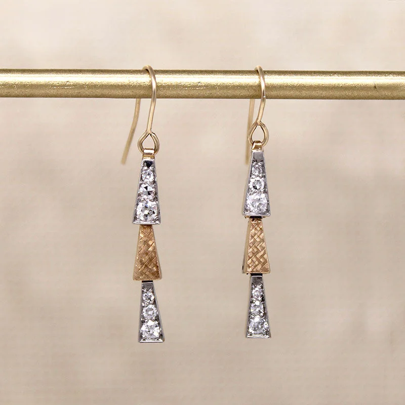 Handcrafted Silver Drop Earrings-Two-Tone Gold & Diamond Slinky Retro Earrings