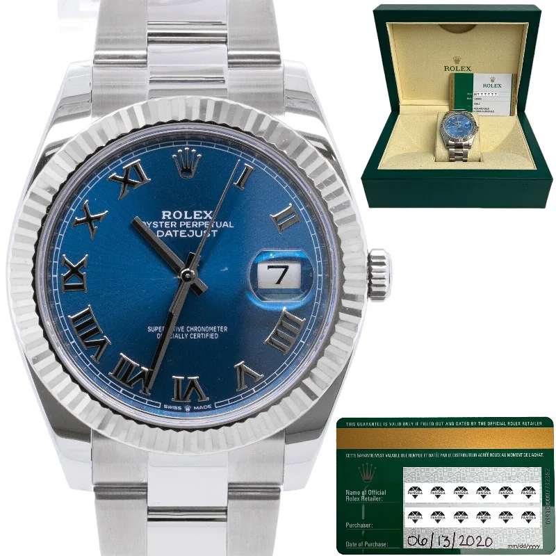 Men's Luxury Watches with Crystal Detailing-2020 Rolex Datejust 41 Azzurro Blue Roman FLUTED Stainless Watch 126334 BOX CARD