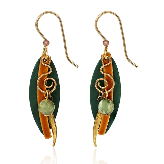 Elegant Gold Earrings for Brides-Silver Forest Earrings Layered Long Shapes with Gold Coil and Green Bead