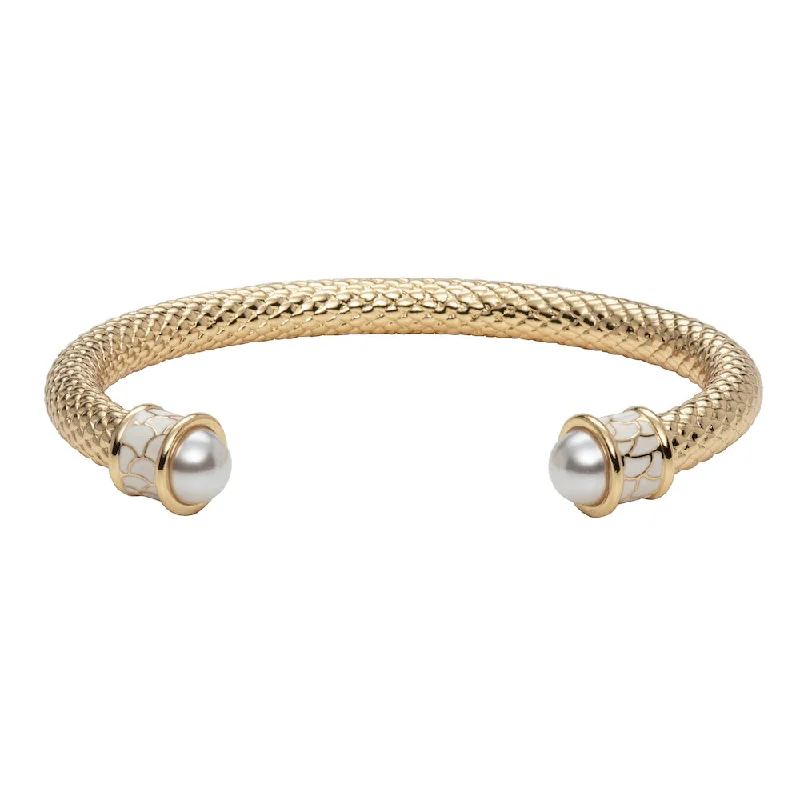 Silver Bangles for Evening Events-Salamander Torque Pearl & Gold Bangle