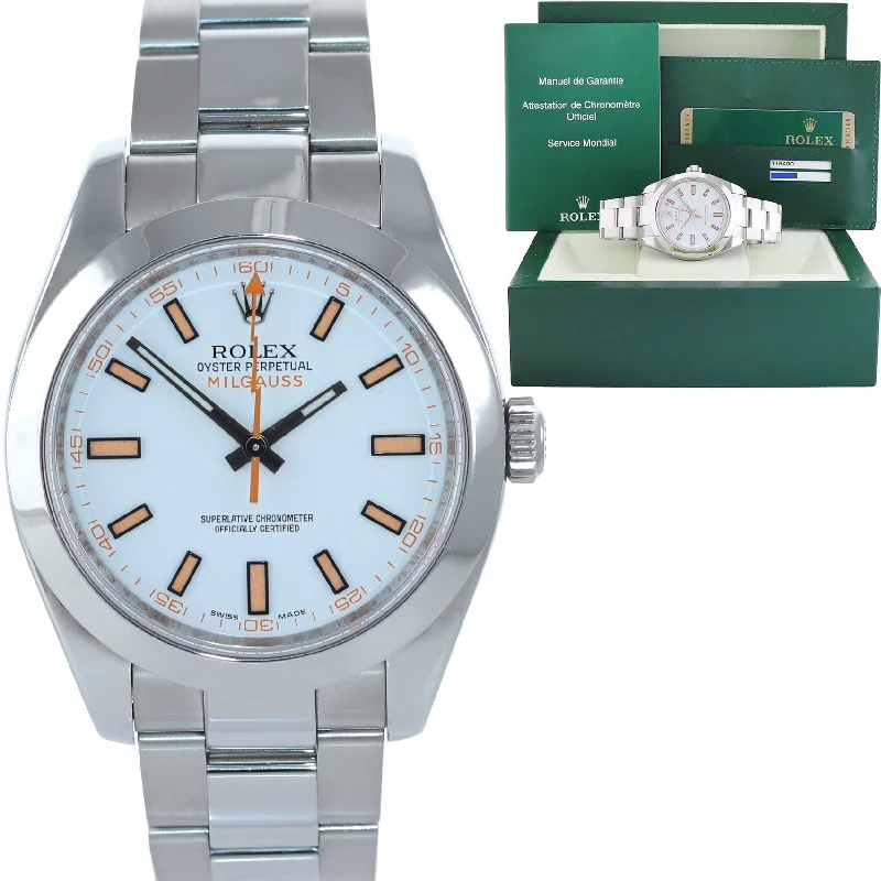 Luxury Watches with Diamond Markers-MINT PAPERS Rolex Milgauss 116400 Orange White 40mm Steel Anti-Magnetic Watch