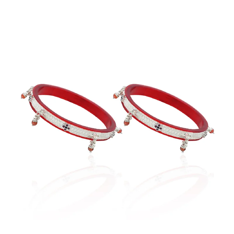 Custom Silver Bangles with Precious Stones-Silver Gorgeous Red colors Beads Bangles