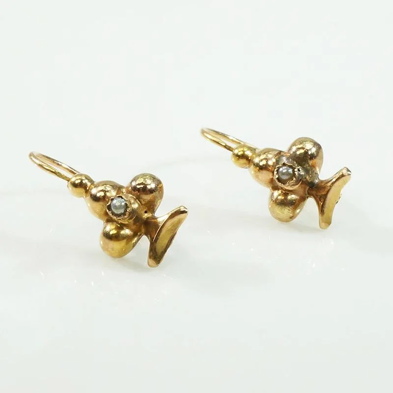 Customizable Gold Earrings-Wee French "Clubs" Earbobs in Gold & Pearls