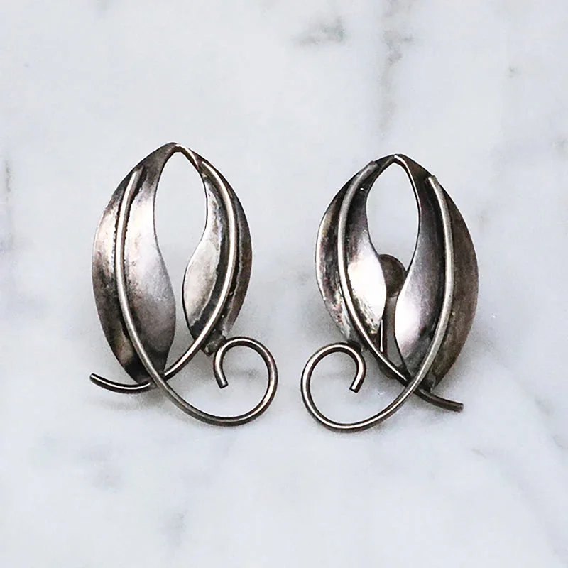 Sterling Silver Hoop Earrings-Handmade Sterling Leaf Earrings by W. Depp