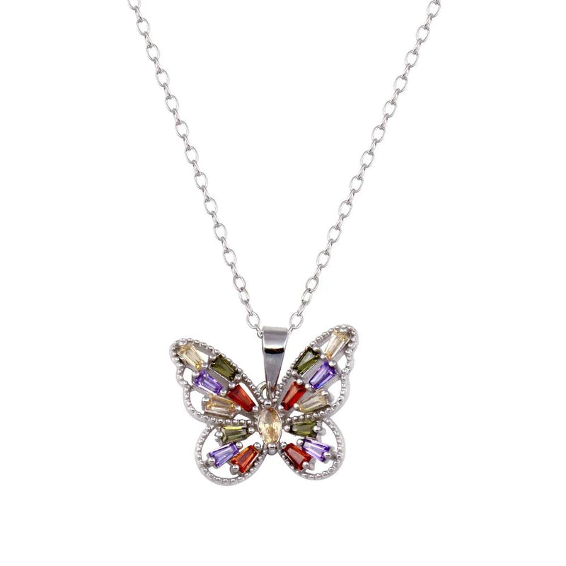 Custom Name Necklace for Kids-Silver 925 Rhodium Plated Multicolor Baguette Butterfly Necklace