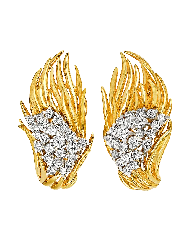 Gold Earrings for Evening Events-Diamond Leaf Earrings, 2.25 carats