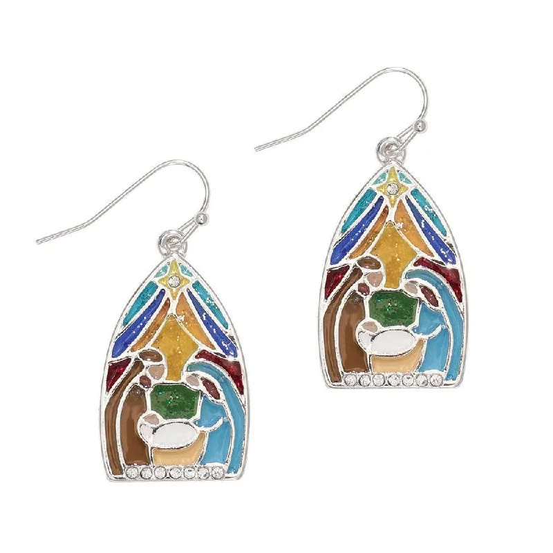 Black Earrings for Evening Wear-Holiday Earrings Stained Glass Nativity