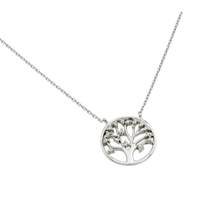 Personalized Jewelry Necklace-Silver 925 Rhodium Plated Clear CZ Round Tree PendantNecklace