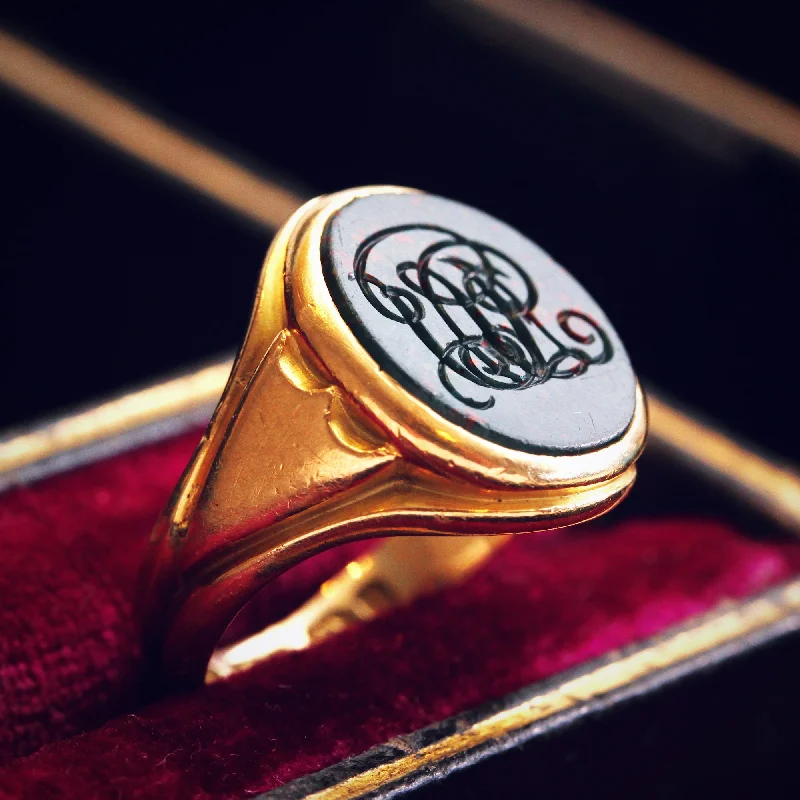 Handcrafted Engagement Ring for Women-Date 1924 15ct Gold Heliotrope Intaglio Seal Signet Ring