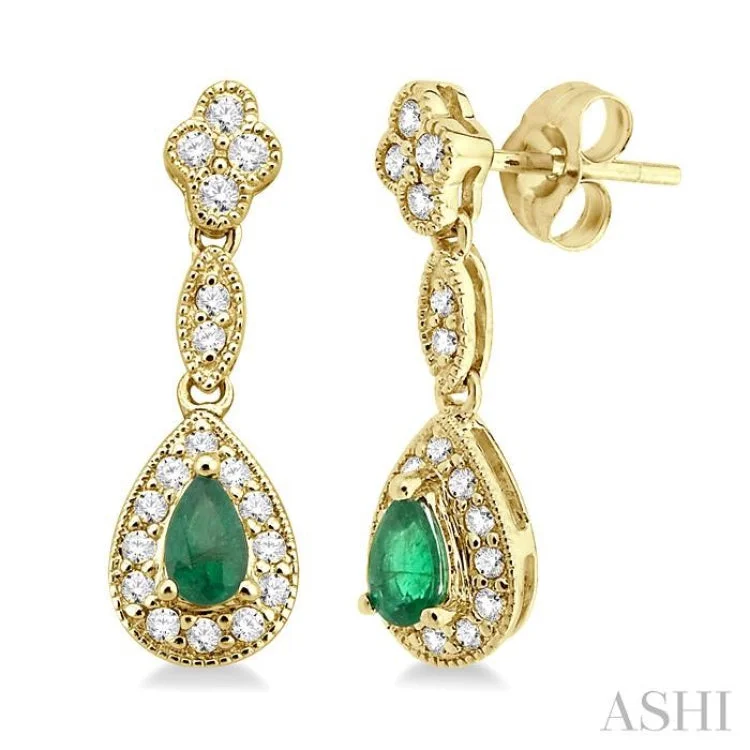 Elegant Long Earrings for Weddings-5x3MM Pear Shape Emerald and 1/3 Ctw Round Cut Diamond Earrings in 14K Yellow Gold