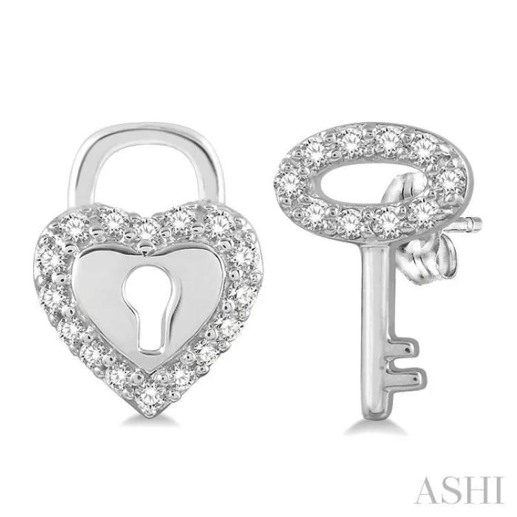 Simple Hoop Earrings for Casual Looks-1/6 Ctw Heart Lock & Key Charm Round Cut Diamond Earrings in 10K White Gold