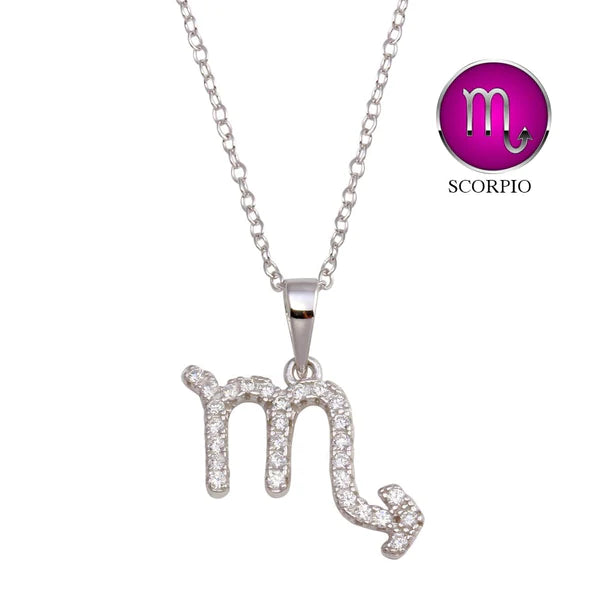 Beaded Necklace for Fashion-Silver 925 Rhodium Plated Scorpio CZ Zodiac Sign Necklace