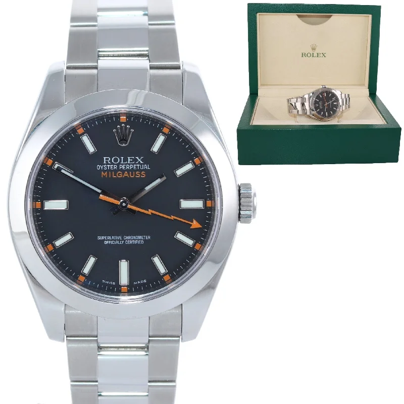 Diamond Watches for Elegant Look-MINT Rolex Milgauss 116400 Steel Black Dial 40mm Anti Magnetic Oyster Watch Box