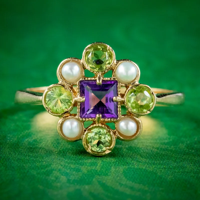 Adjustable Ring for Casual Style-Edwardian Suffragette Style Cluster Ring Pearl, Peridot and Amethyst