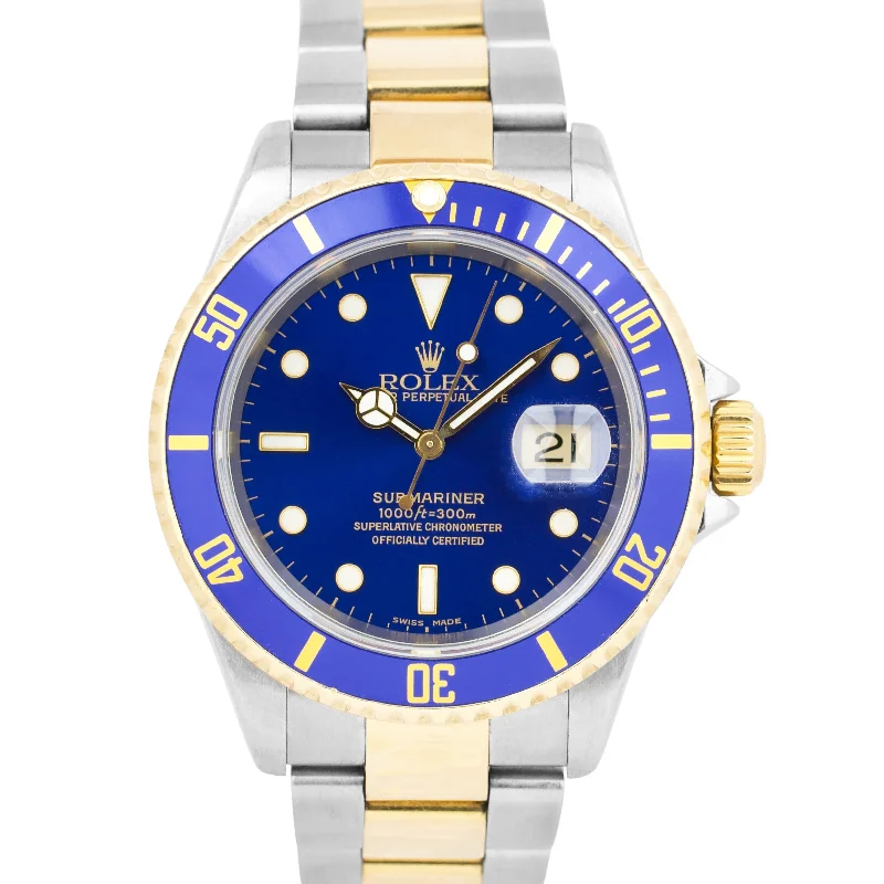 Men's Digital Watches with Multiple Functions-Rolex Submariner 18K Two-Tone Yellow Gold Blue NO-HOLES 40mm Steel Watch 16613