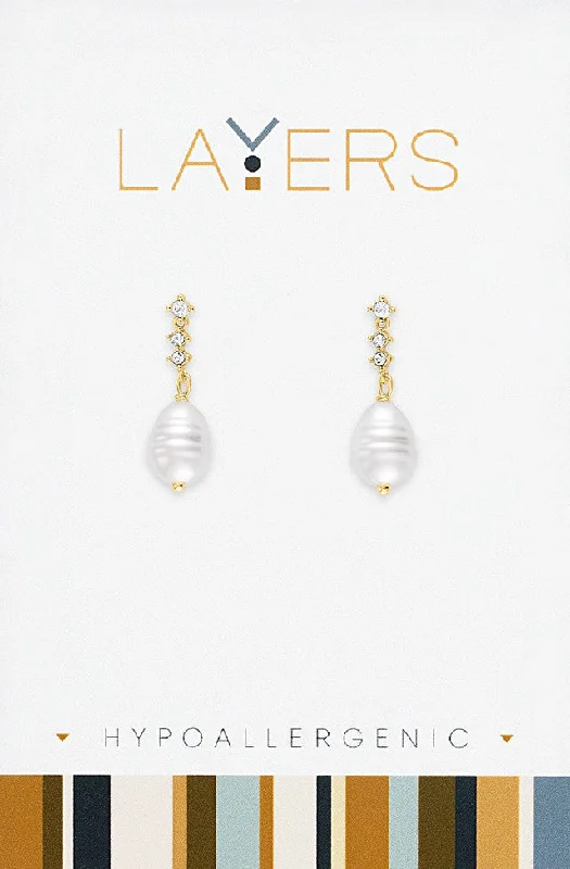 Gold Plated Earrings for Women-Gold Pearl Dangle Stud Layers Earrings