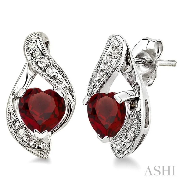 Chic Earrings for Stylish Women-6x6MM Heart Shape Garnet and 1/20 Ctw Single Cut Diamond Earrings in Sterling Silver