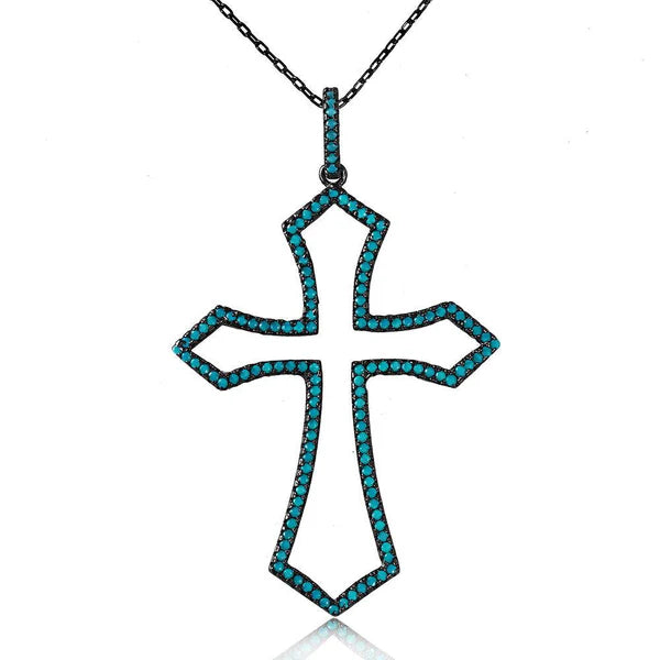 Necklace with Engraved Charm for Personal Touch-Silver 925 Black Rhodium Open Cross Necklace with Synthetic Turquoise Stone