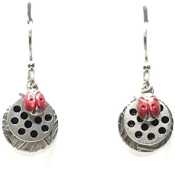 Trendy Earrings for Young Adults-Silver Forest Lady Bug on Layered Discs Pierced Earrings